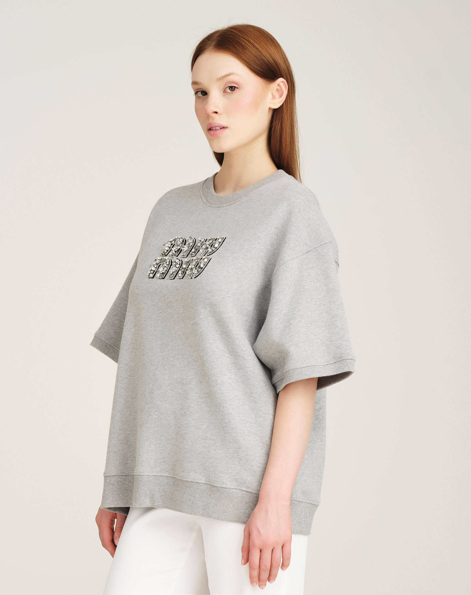 Miu Miu -Crystal Embellished Short Sleeve Cotton Fleece Sweatshirt M